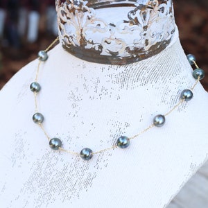Handmade Artisan Rare Tahitian Black Pearl Station Necklace Tin Cup Necklace and 18k Solid Genuine Gold Chain Necklace Strand