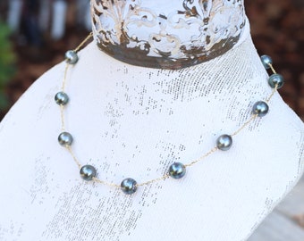 Handmade Artisan Rare Tahitian Black Pearl Station Necklace Tin Cup Necklace and 18k Solid Genuine Gold Chain Necklace Strand