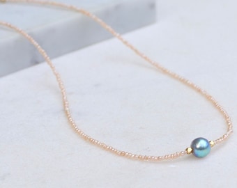 Handmade Blue Akoya Pearl Solitaire, Pearl Beads and Goldfill Clasp Necklace Choker