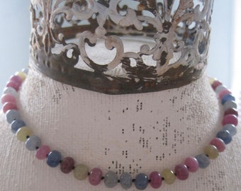 Handmade Multi Sapphire Beaded Hand Knotted Choker, Sapphire and Gold fill Gemstone Necklace, Mardi Gras Necklace, September Birthstone