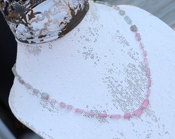 Handmade Solid Genuine 18k Gold and Watermelon Tourmaline Ombré Necklace Raw Crystal Beaded Artisan Gemstone Strand