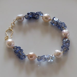 Handmade Solid 18k Gold Ombre Blue Sapphire and Akoya Pearl Hand Linked and Beaded Bracelet Gemstone Cuff