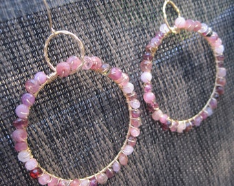Handmade Pink Tourmaline Beaded Gold fill Hoop Drop Earrings, Tourmaline and Gold Hoop Earrings, October Birthstone