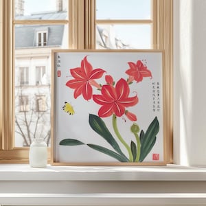 Chinese Floral Art Sumi-e Butterfly and Blossom Artwork Red Amaryllis Painting Chinese Botanical Art Print Chinese Amaryllis Ink Brush Art