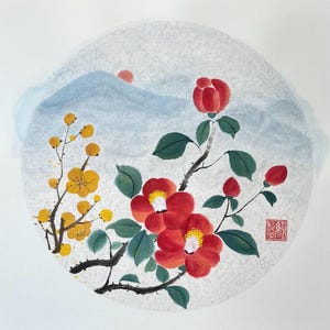 Arte floreale cinese Camelia Pittura Sumi-e Fiore di prugno Pittura cinese Originale dipinta a mano Arte cinese Camelia e fiore di prugno Arte a inchiostro