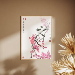 Chinese Floral Art Traditional Sumi-e Flower and Bird Painting Plum Blossom and Bird Painting Chinese Botanical Art Print Ink Brush Art