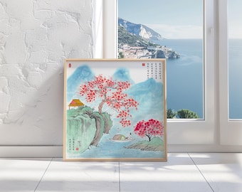 Chinese Autumn Landscape Art, Man and Dog on Lake Print, Red Fall Trees & Mountain Pavilion, Zen Shanshui Ink Wash with Calligraphy