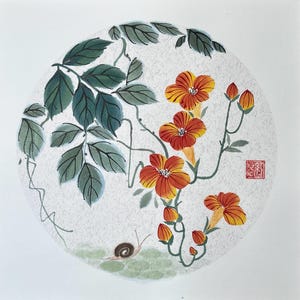 Arte floreale cinese Fiori Pittura Sumi-e Opera d'arte botanica Pittura cinese di tromba di vite Arte cinese originale dipinta a mano Decorazione per la casa