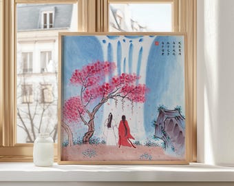 Landschapskunstdruk met Chinese inktwas | Aziatisch stel, waterval, berglandschap, sumi-e zenkunst