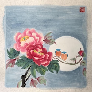 Arte floreale cinese Fiori Pittura Sumi-e Opera d'arte botanica Peonia Pittura cinese Arte cinese originale dipinta a mano Peonia e uccelli Arte a inchiostro