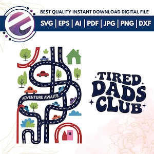 Tired Dads Club コンフォートカラーシャツ SVG PNG、お父さんの背中で車遊び、マットロードカーレーストラックシャツ、父の日ギフト、SVG Cricut カットファイル