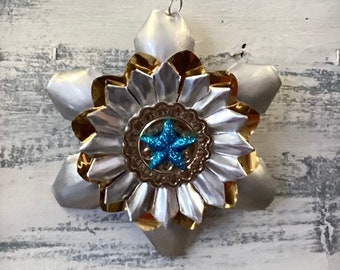 Gold blue star metal Christmas tree ornament , upcycled vintage tart tin , handmade Holiday decor R7