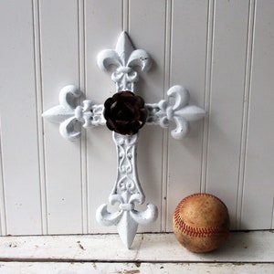 Cast iron cross shabby white rusty tin rose wall hanging 10 1/2 inch metal cross Christian Romantic Rustic Farmhouse decor MR1 image 2