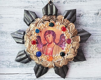 Byzantine Angel icon ornament, Medieval  rustic metal tart tin , Religious Christmas medallion N4