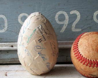 Large wooden egg decoupage collage vintage prescription form ephemera paper Farmhouse egg Easter rustic white decor