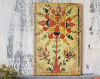 Folk art collage print on canvas board  , 4 x6 Early 1800's reproduction image , Fraktur floral tree