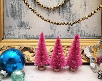 Raspberry Pink Bottle Brush Christmas Trees, Vintage Style Putz Village, Set of 3