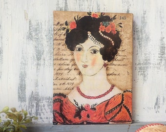 Folk art woman on canvas , Mixed media collage , 5x7 inch on antique ledger paper red dress