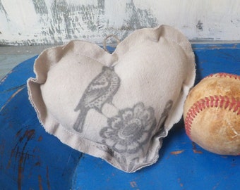 Rustic Vintage grainsack heart , antique bird crock graphics, stuffed feed sack fabric mini pillow heart ornament ,  Farmhouse Primitive N3