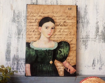 Folk art girl on canvas , Mixed media collage , 5x7 inch on antique ledger paper rustic green dress
