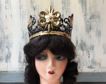 Black metal lace decor crown fleur de lis , gold flower rhinestones Statue santos saint doll tiara , 4" candle crown cake topper  B1