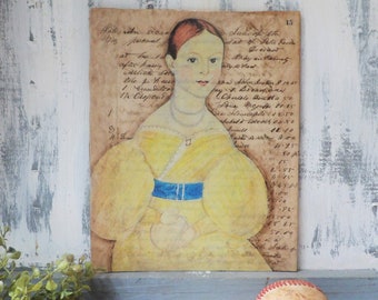 Folk art Primitive girl on canvas board , Mixed media collage , 8x10 inch on antique ledger paper yellow dress