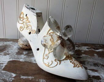 Cinderella decor shoe white gold and chandelier crystal flower upcycled wooden shoe form cobblers last French court shoe