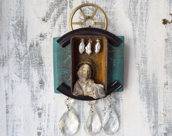 St Joseph icon , Mixed media Found Assemblage art wall hanging , blue saint religious art