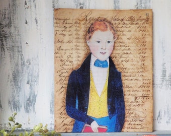 Folk art Primitive boy on canvas board , Mixed media collage , 8x10 inch on antique ledger paper