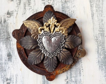 Mixed media Found Assemblage art  sacred heart wall hanging , Rusty Ex Voto inspired winged heart , Spiritual Religious art