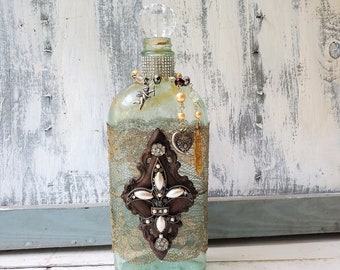 Repurposed Bottle Gargoyle Keyhole Distressed Fantasy Altered Bottle Decorative Bottle Gothic Mixed Media