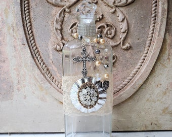 Altered art bottle , decorated decorative vintage antique apothecary , rhinestone cross heart lace prism bottle N3