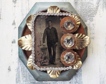 Mixed media Found art Assemblage wall hanging , upcycled metal art  Tintype tall man