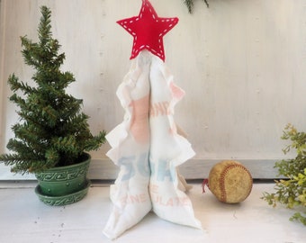 Rustic fabric Christmas tree, Red White blue 10 inch 3D stuffed upcycled vintage sugar sack , red star farmhouse winter Holiday decor N7