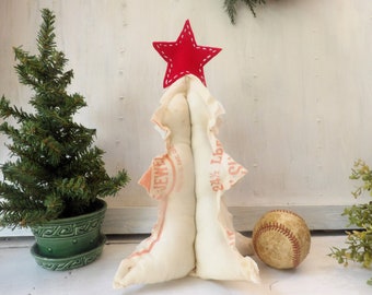 Vintage fabric Christmas tree, Red White 10 inch 3D stuffed upcycled flour sack, red star rustic farmhouse winter Holiday decor N8