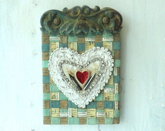 Mixed media Assemblage art wall hanging , Jane Austen Pride and Prejudice Heart love token
