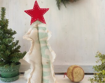 Green White fabric Christmas tree, red star 10 inch 3D stuffed upcycled vintage grain sack , rustic farmhouse winter Holiday decor N5