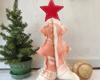 Red White fabric Christmas tree, 10 inch 3D stuffed upcycled vintage flour sack , rustic farmhouse winter Holiday decor N3
