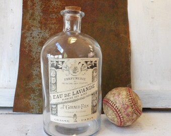 Large apothecary glass bottle , reproduction French lavender perfume label , 8 1/4" tall cork top