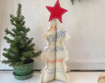 10 inch fabric Christmas tree, 3D stuffed upcycled vintage sugar sack , rustic farmhouse winter Holiday decor N2