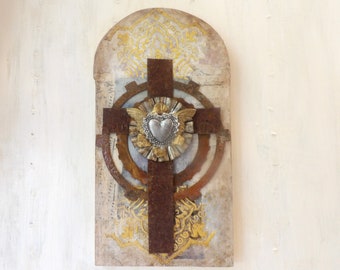Mixed Media Cross Assemblage art Sacred Heart Ex Voto rusty found art , wall hanging