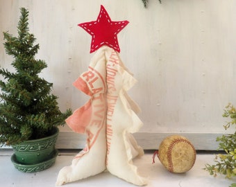 Flour sack fabric Christmas tree, Red White 10 inch 3D stuffed upcycled vintage textile , red star rustic farmhouse winter Holiday decor N6