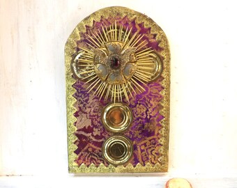 Mixed Media Assemblage art cross , purple plum gold religious art , monstrance reliquary wall hanging