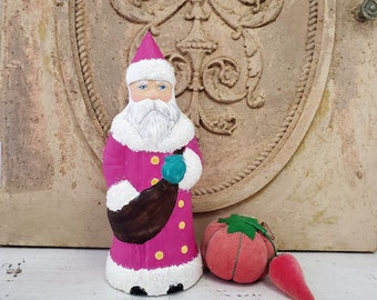 Chalk santa statue Belsnickel style chocolate mold plaster St. Nicholas Santa Claus Bright pink 9 inch Christmas decor