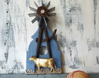 Mixed media Found object Assemblage art wall hanging , windmill and cow Farm farmhouse art