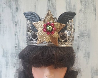 Gold star winged metal crown , Silver Statue santos doll tiara , Romantic Decor ,  pillar candle crown cake topper C2