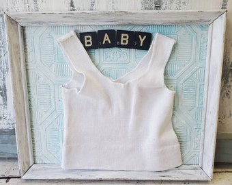 Mixed media baby shirt framed wall hanging , vintage infant tshirt assemblage , blue white shabby
