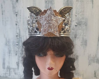 Romantic rustic tin metal crown , Winged silver star Statue santos doll tiara , pillar candle collar cake topper C8