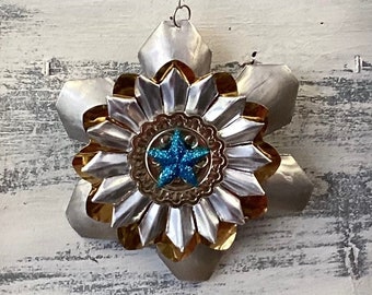 Upcycled metal Gold silver blue star ornament , vintage tart tin ornament , Reto Holiday decor R15