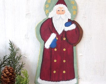 Burgundy Father Christmas Santa ornament Handmade wooden folk art Belsnickel,  Rustic old world Farmhouse 7.5" N8